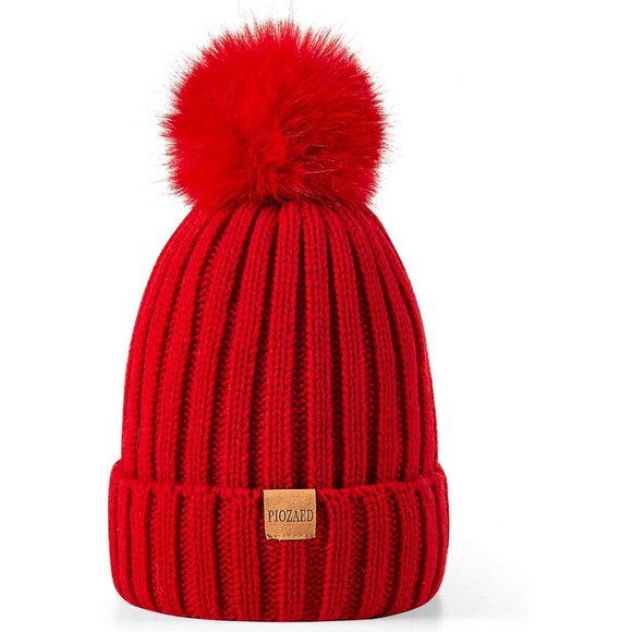 Women\'s Beanie Fleece Lined Red Winter Warm Skull Faux Fur Pom Cuff Hat Cap main image 4